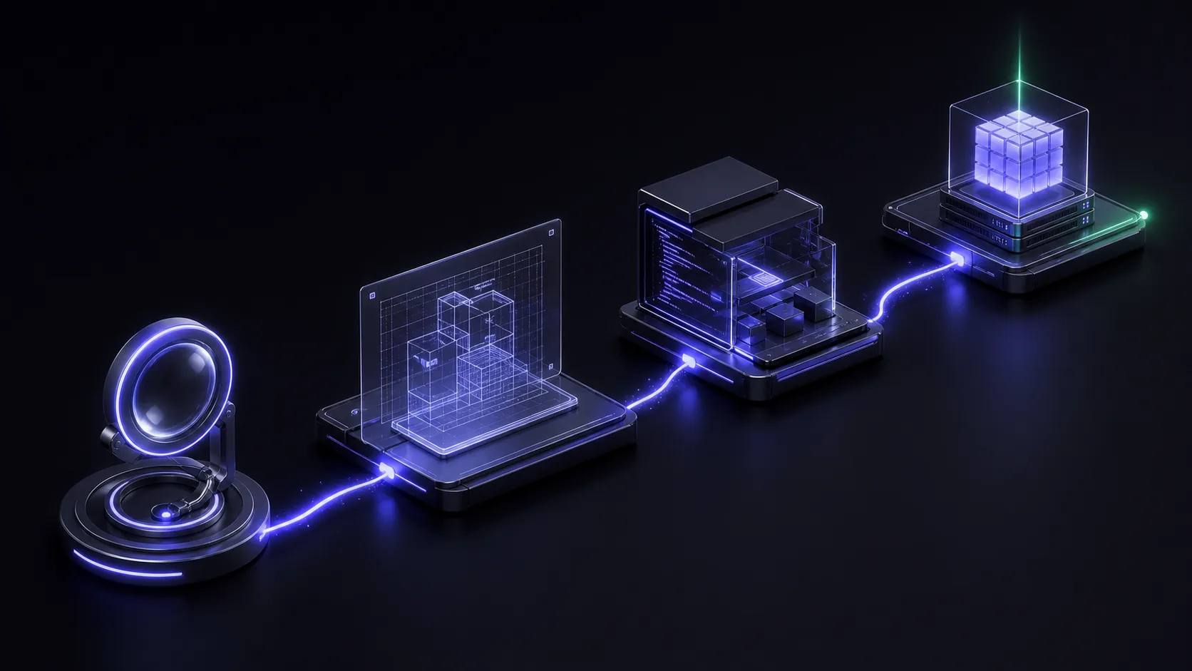 A four-station delivery path showing decide, scope, build, and ship as connected premium 3D engineering modules.